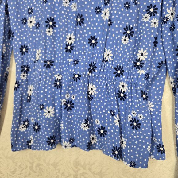 Talbots Poet Sleeve Faux Wrap Top sz L Blue White Flowers Dots Boho - Picture 9 of 15